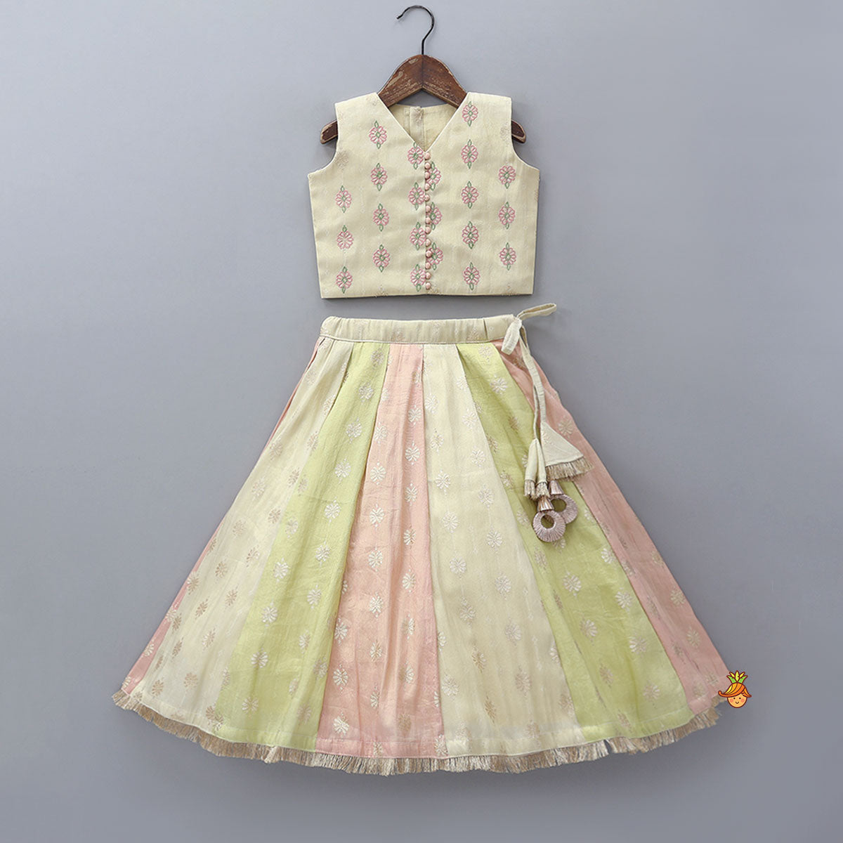 Pre Order: Potli Buttons Detail Shimmery Crop Top And Lehenga With Dupatta