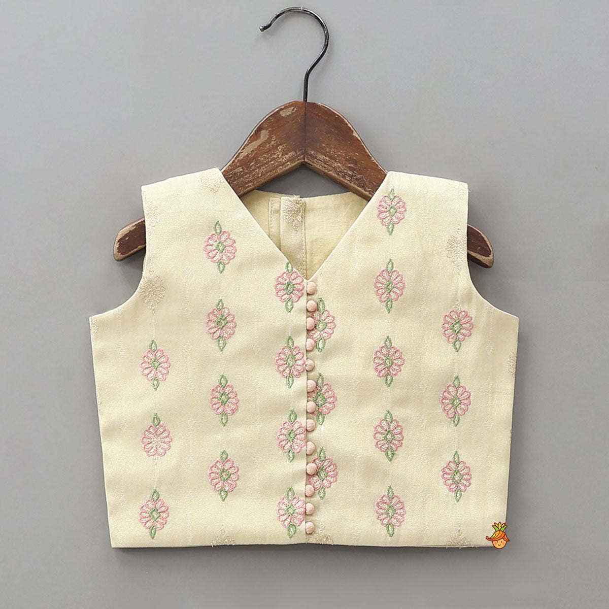 Pre Order: Potli Buttons Detail Shimmery Crop Top And Lehenga With Dupatta