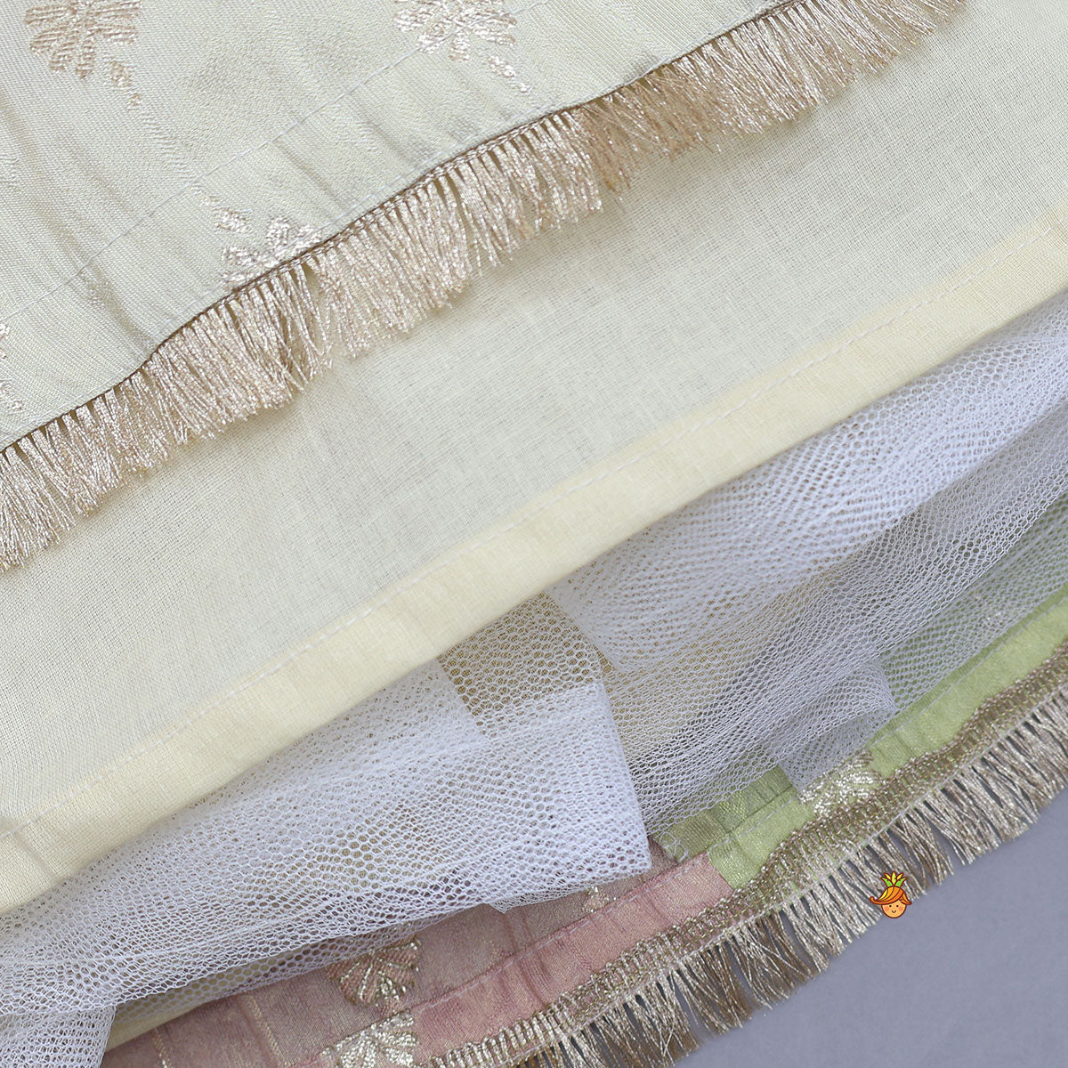 Pre Order: Potli Buttons Detail Shimmery Crop Top And Lehenga With Dupatta