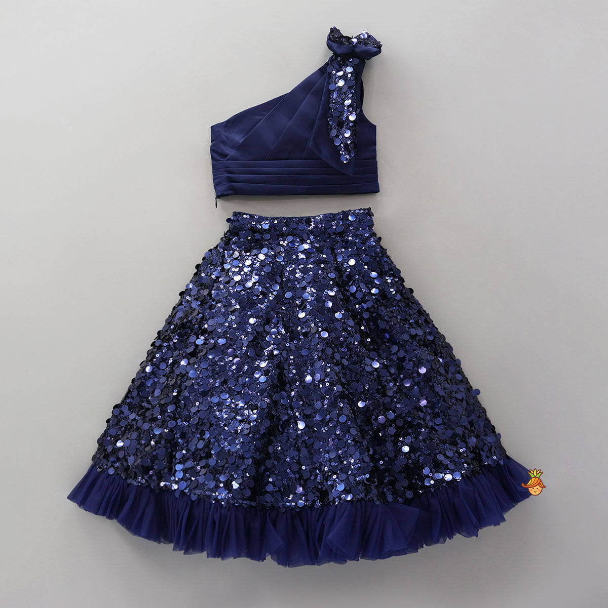 Pleated One Shoulder Crop Top And Gorgeous Sequined Lehenga