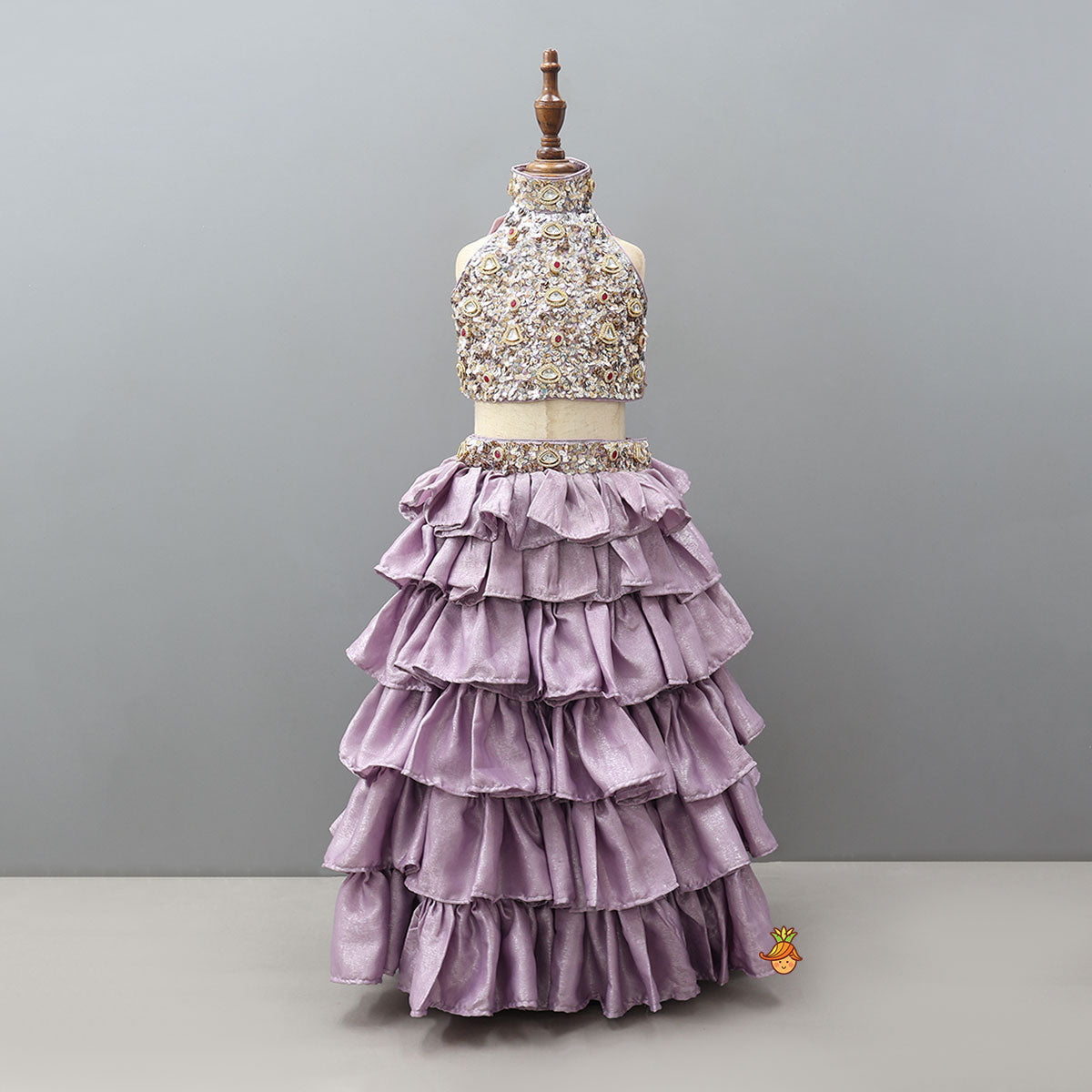 Hand Embroidered Shimmery Crop Top And Layered Lehenga