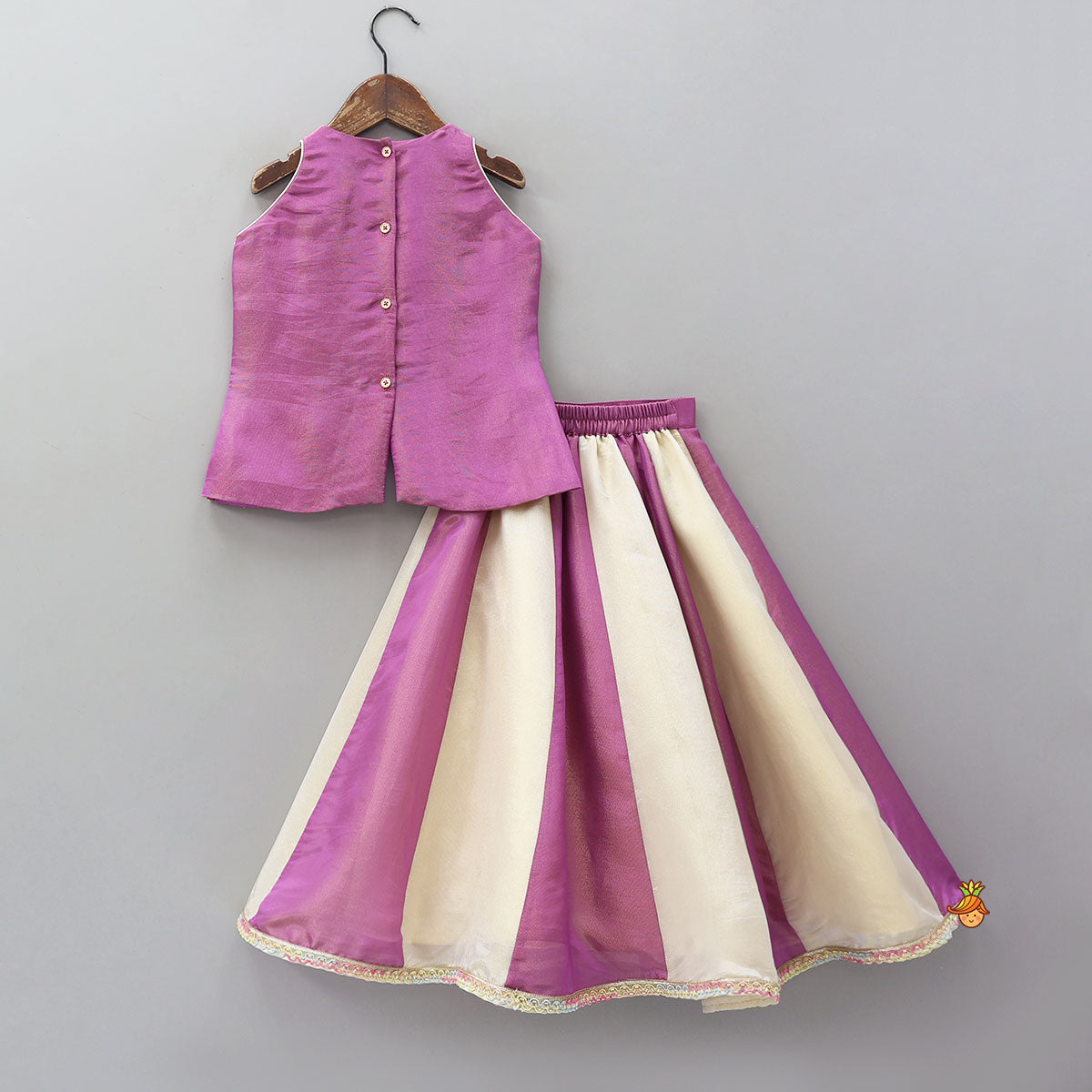 Pre Order: Stylish Front Cut Shimmery Top And Dual Tone Panel Lehenga