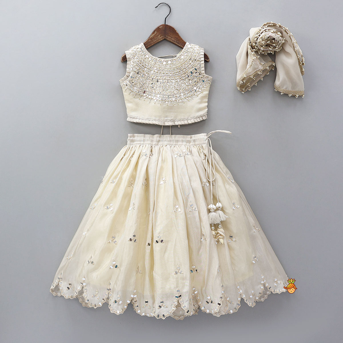 Pre Order: Faux Mirror Hand Work Shimmery Crop Top And Scalloped Lehenga With Matching Dupatta