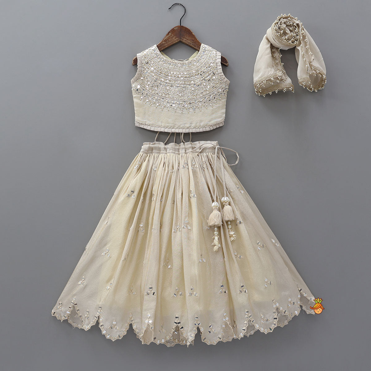 Pre Order: Faux Mirror Hand Work Shimmery Crop Top And Scalloped Lehenga With Matching Dupatta