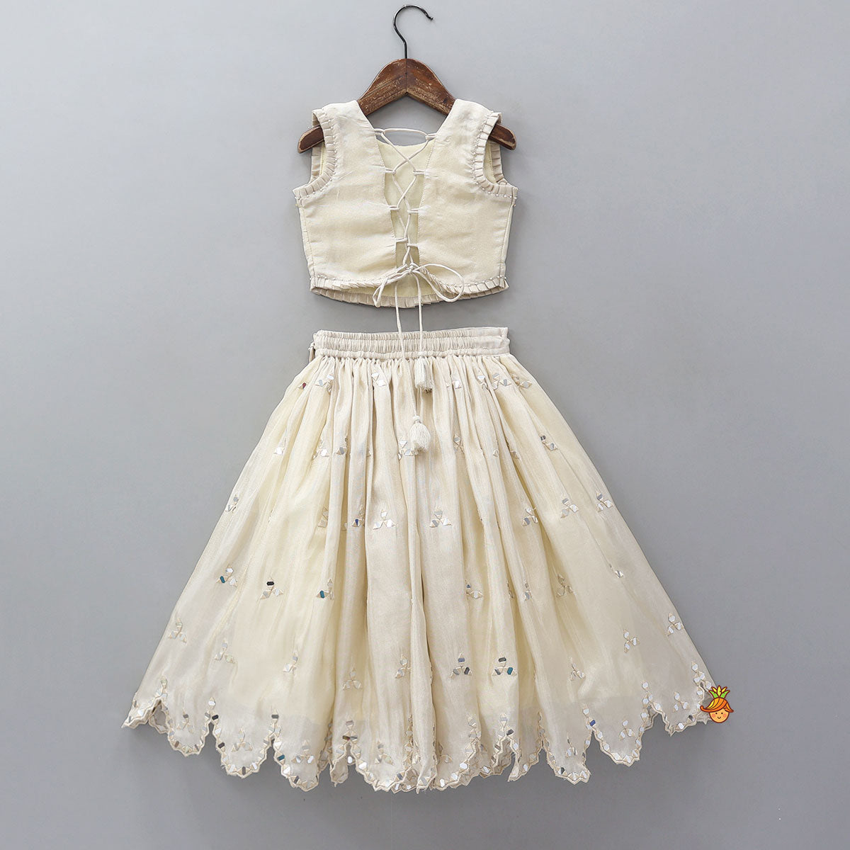 Pre Order: Faux Mirror Hand Work Shimmery Crop Top And Scalloped Lehenga With Matching Dupatta