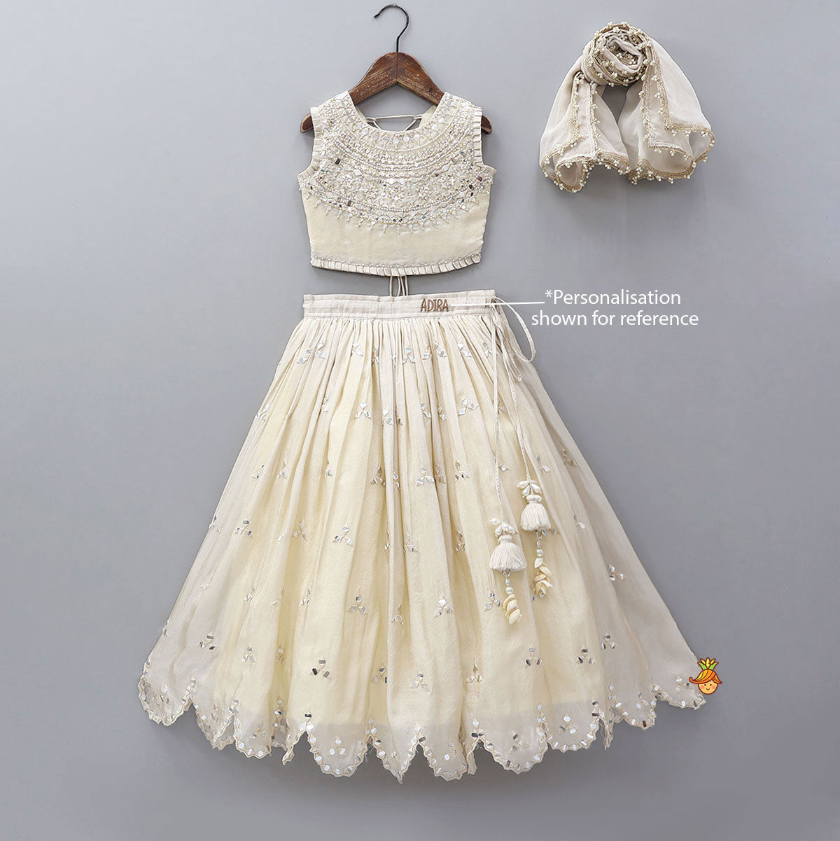 Pre Order: Faux Mirror Hand Work Shimmery Crop Top And Scalloped Lehenga With Matching Dupatta