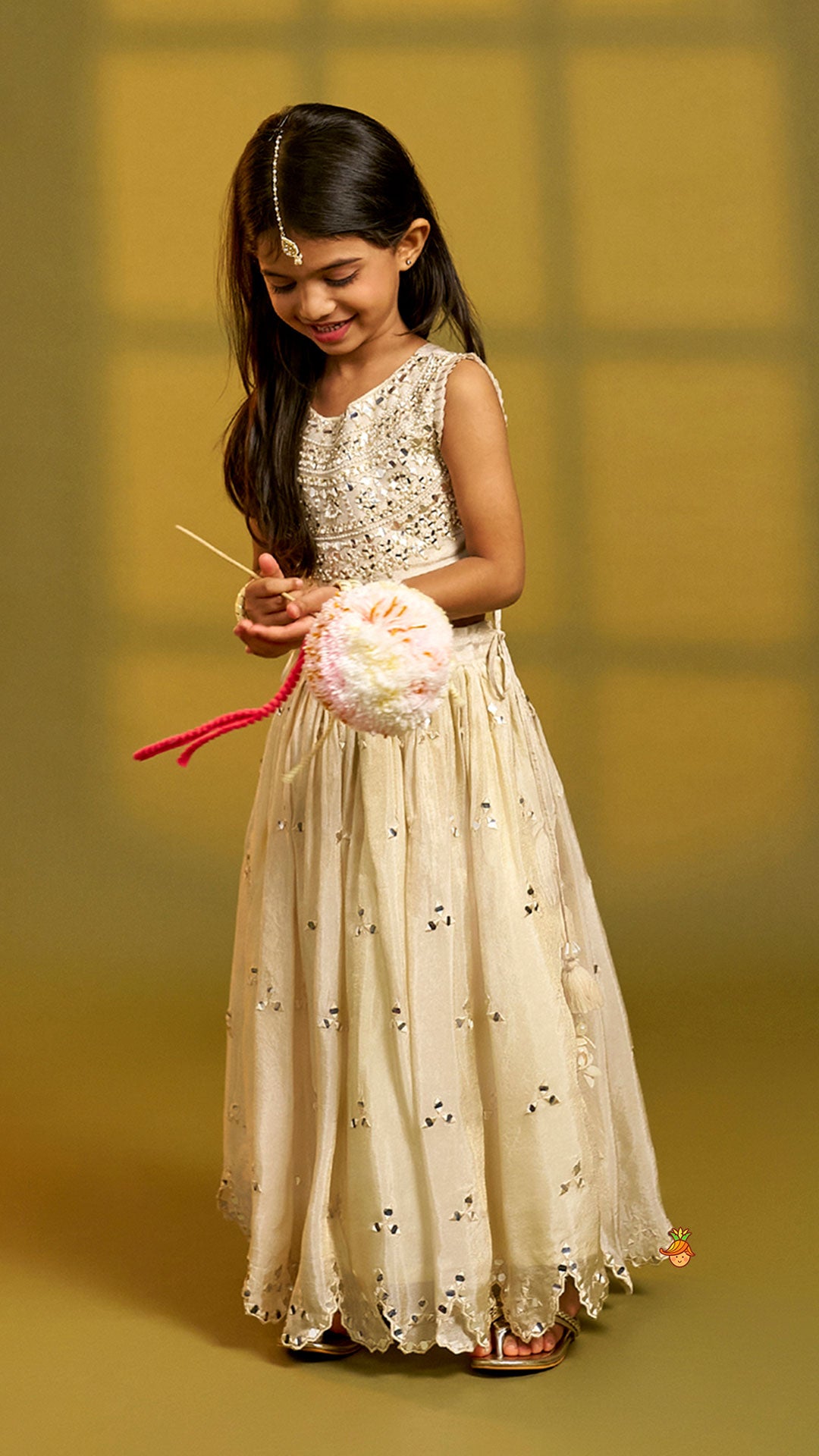 Pre Order: Faux Mirror Hand Work Shimmery Crop Top And Scalloped Lehenga With Matching Dupatta
