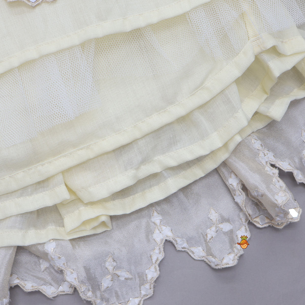 Pre Order: Faux Mirror Hand Work Shimmery Crop Top And Scalloped Lehenga With Matching Dupatta