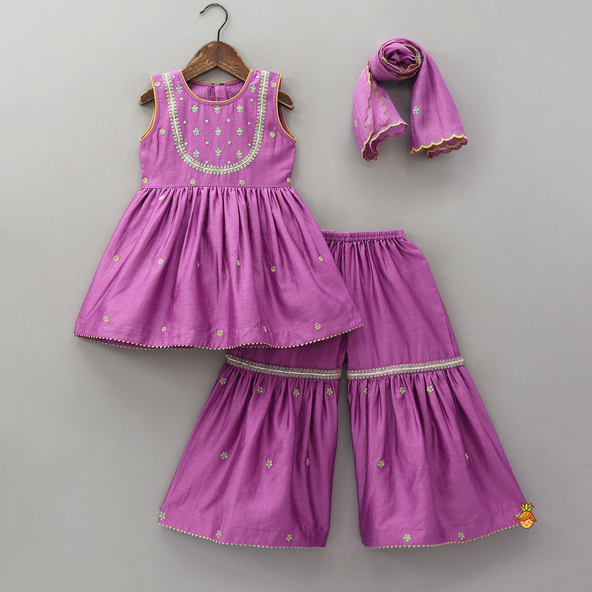 Pre Order: Booti Work Kurti And Sharara With Scalloped Dupatta