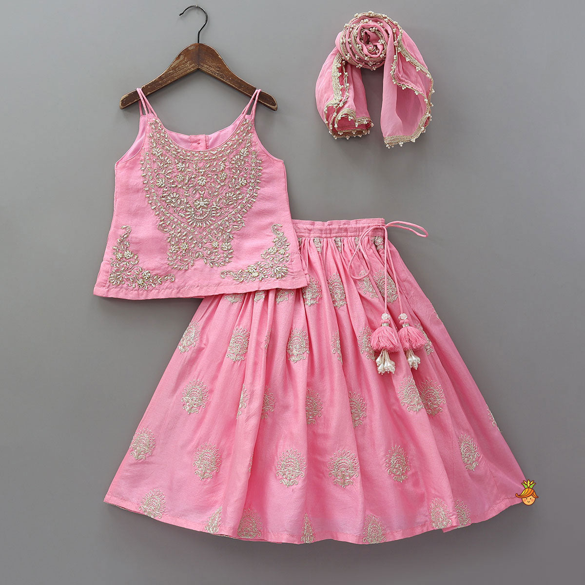 Pre Order: Hand Embroidered Strappy Top And Lehenga With Dupatta