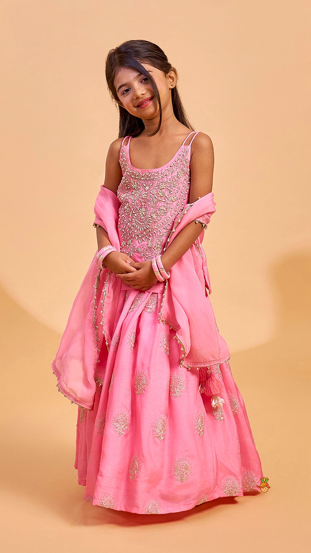 Pre Order: Hand Embroidered Strappy Top And Lehenga With Dupatta