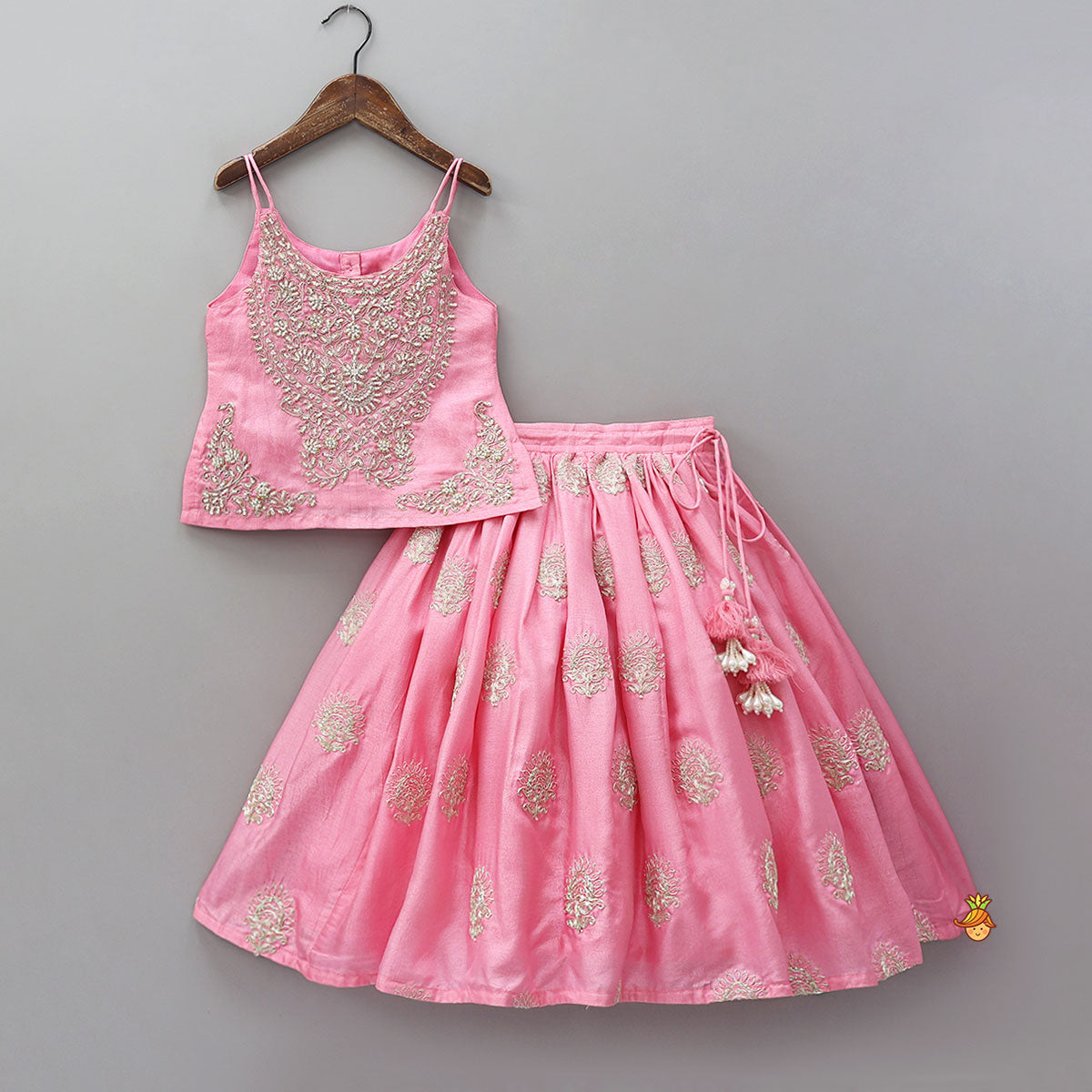 Pre Order: Hand Embroidered Strappy Top And Lehenga With Dupatta