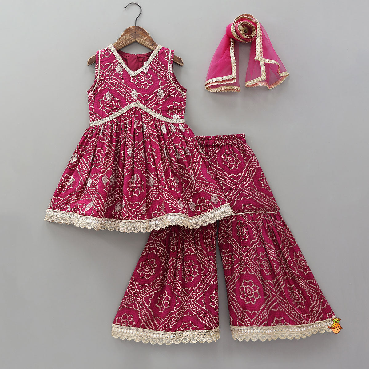 Bandhani Printed Ethnic Kurti With Sharara And Matching Dupatta