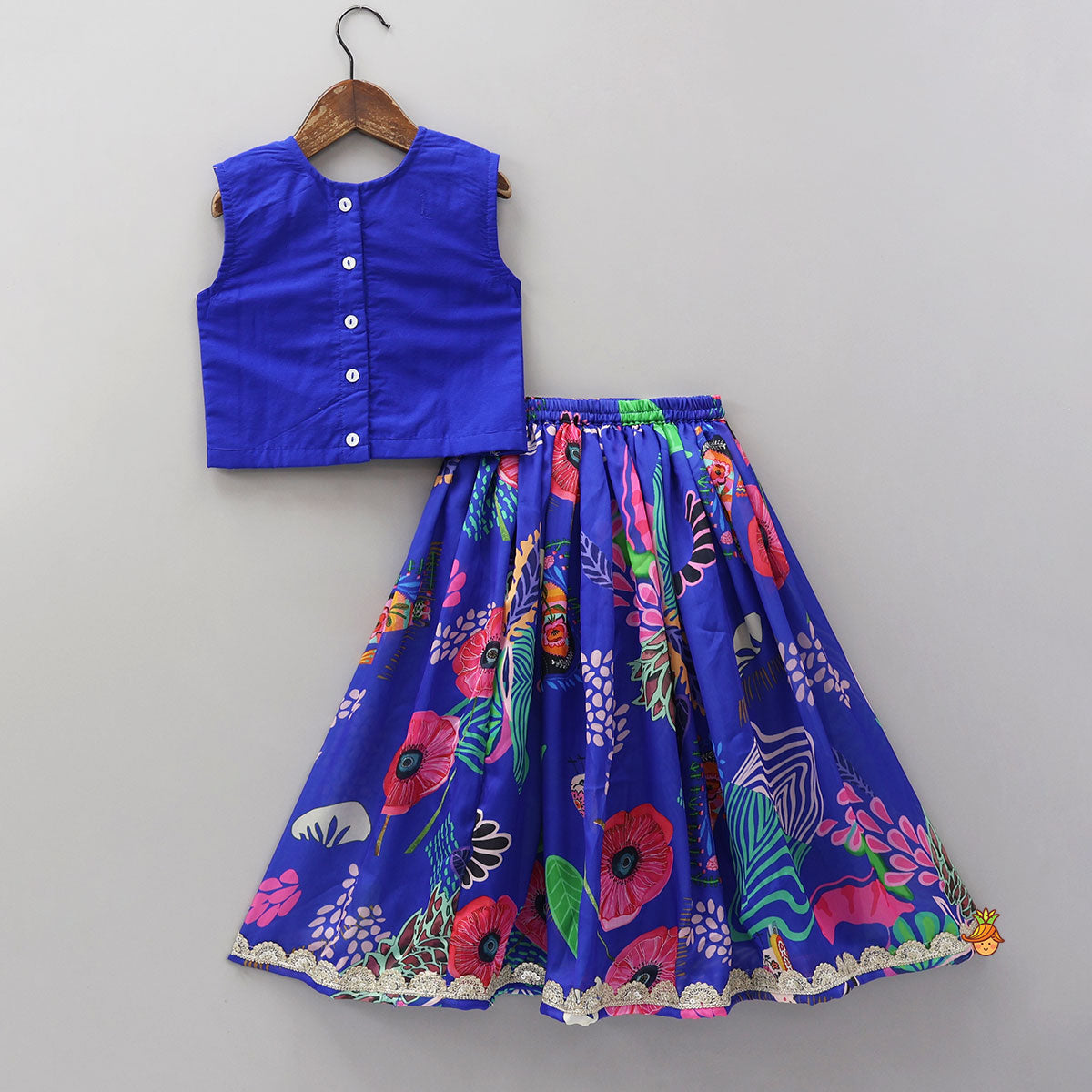 Pre Order: Faux Mirror Work Top And Printed Lehenga