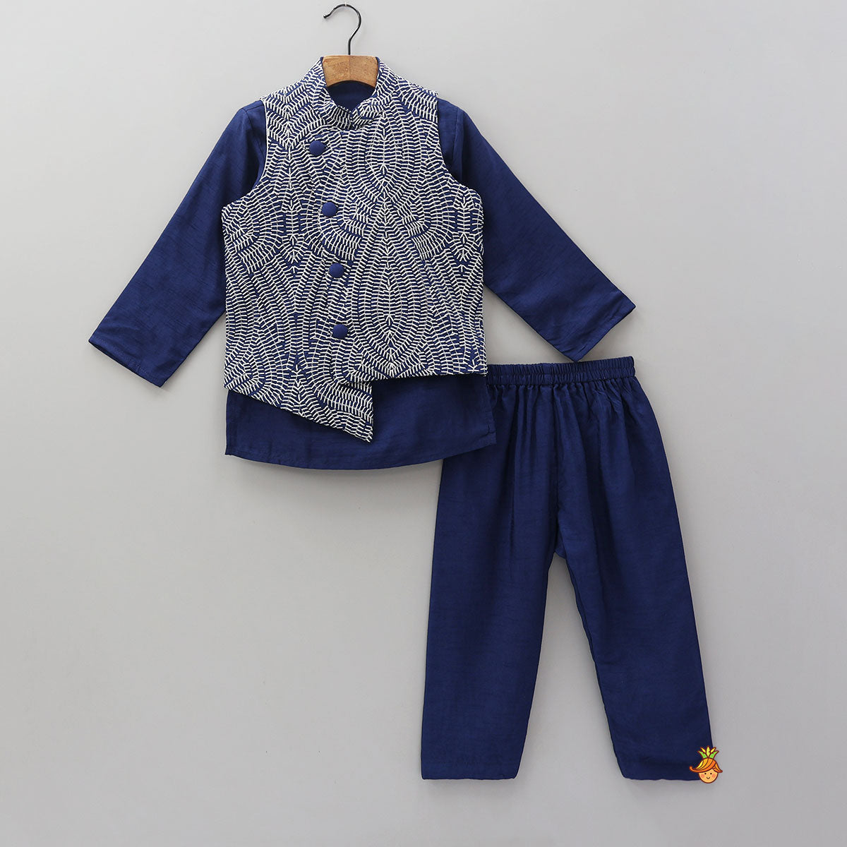 Pre Order: Ethnic Kurta With Heavy Embroidered Asymmetric Jacket And Matching Pyjama