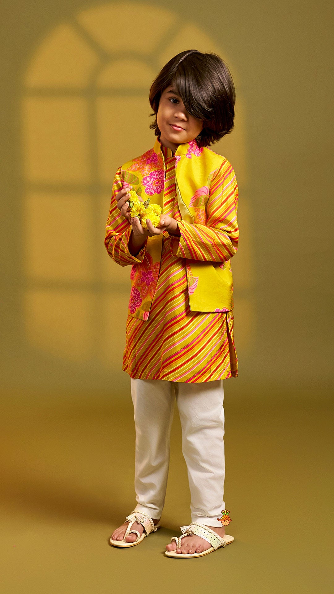 Pre Order: Striped Kurta With Front-Open Floral Jacket And Churidar