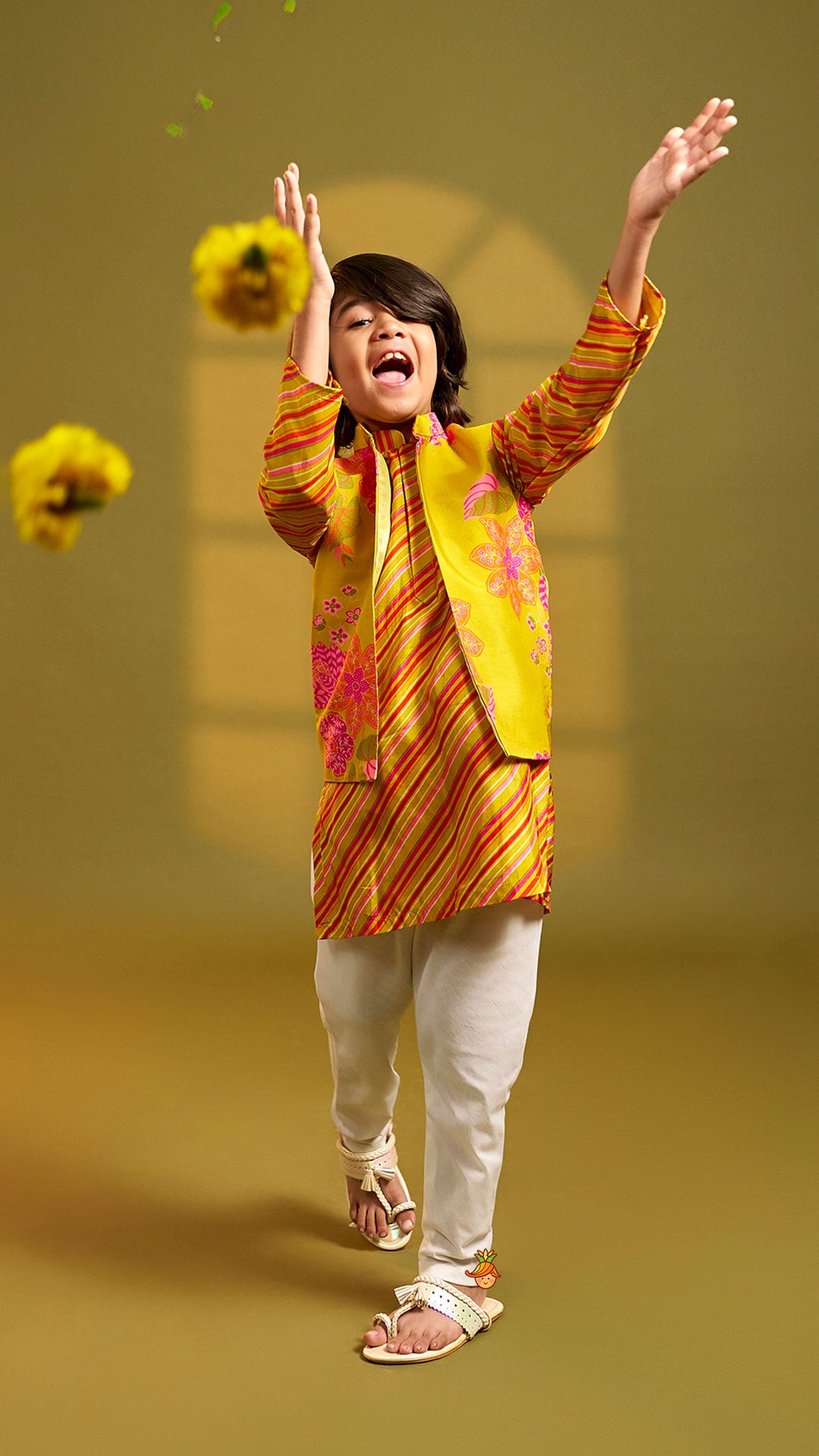 Pre Order: Striped Kurta With Front-Open Floral Jacket And Churidar