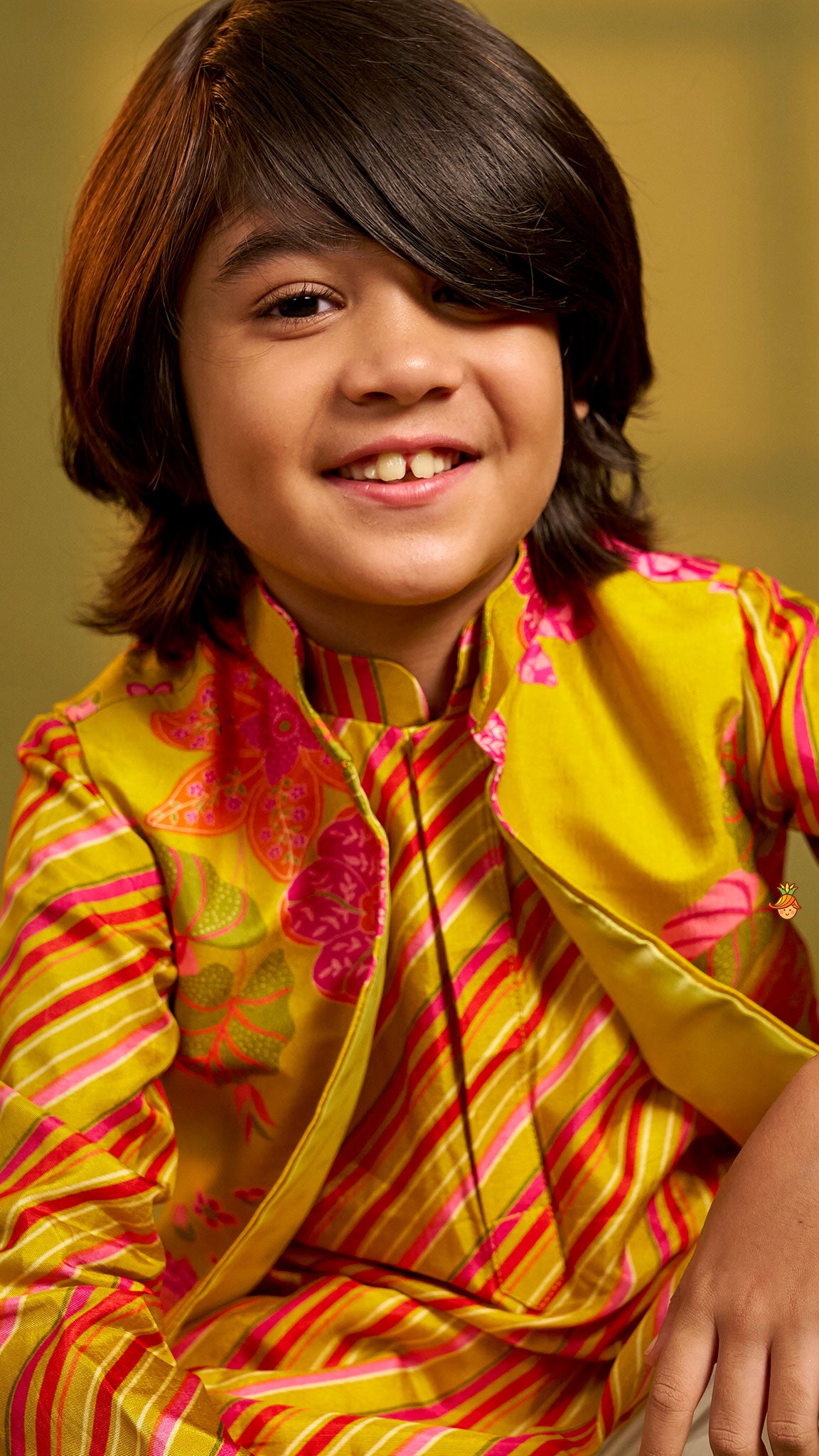 Pre Order: Striped Kurta With Front-Open Floral Jacket And Churidar