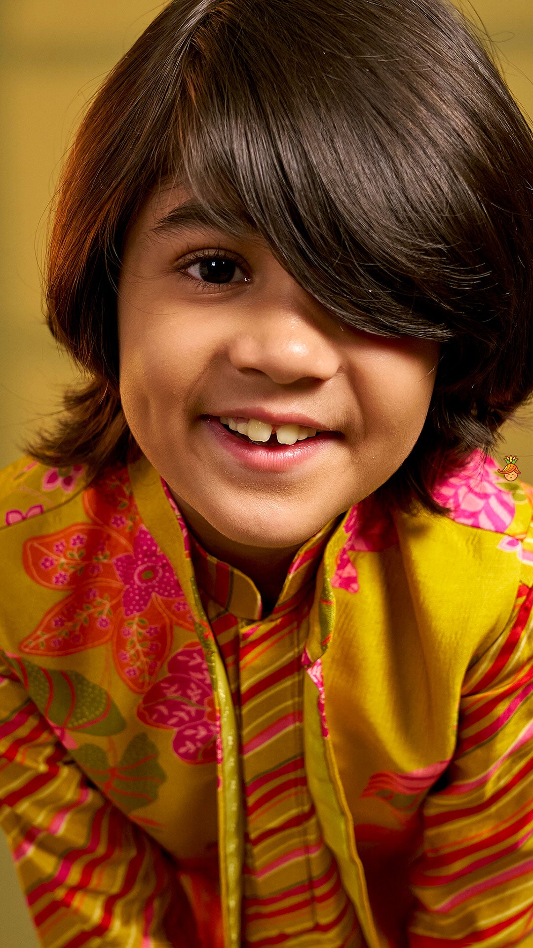 Pre Order: Striped Kurta With Front-Open Floral Jacket And Churidar