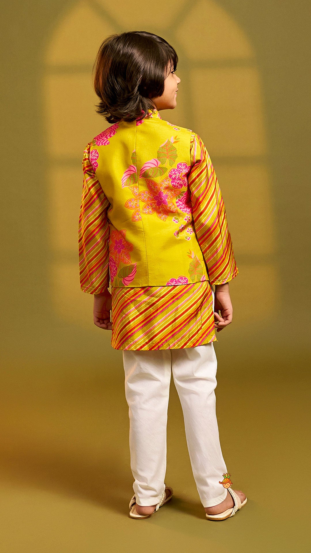 Pre Order: Striped Kurta With Front-Open Floral Jacket And Churidar