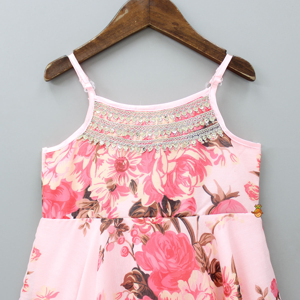 Sequins Lace Detailed Floral Printed Asymmetric Kurti
