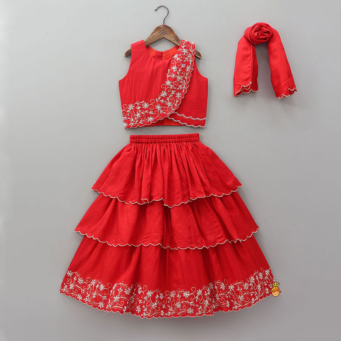 Pre Order: Overlap Style Crop Top and Layered Lehenga With Matching Dupatta