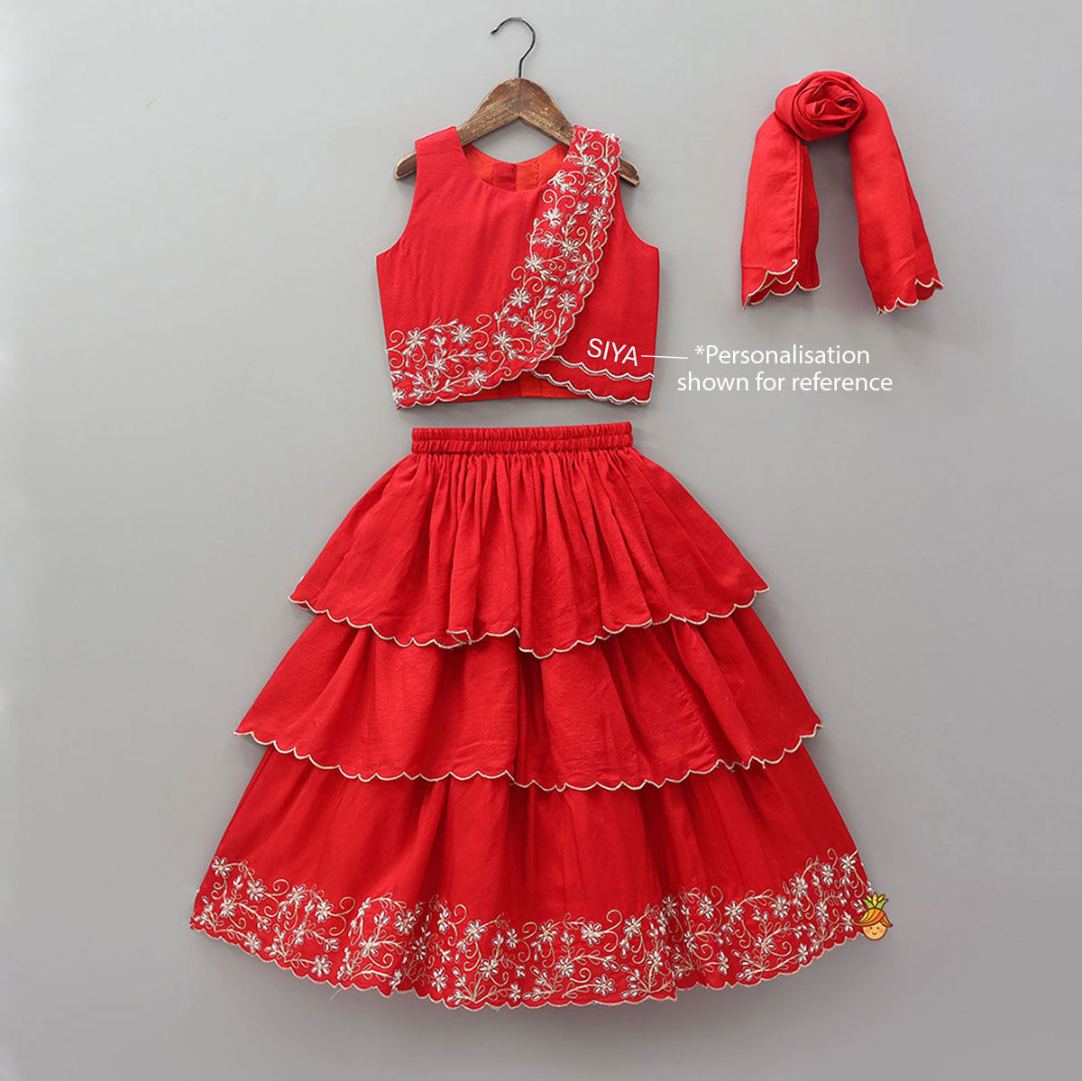 Pre Order: Overlap Style Crop Top and Layered Lehenga With Matching Dupatta