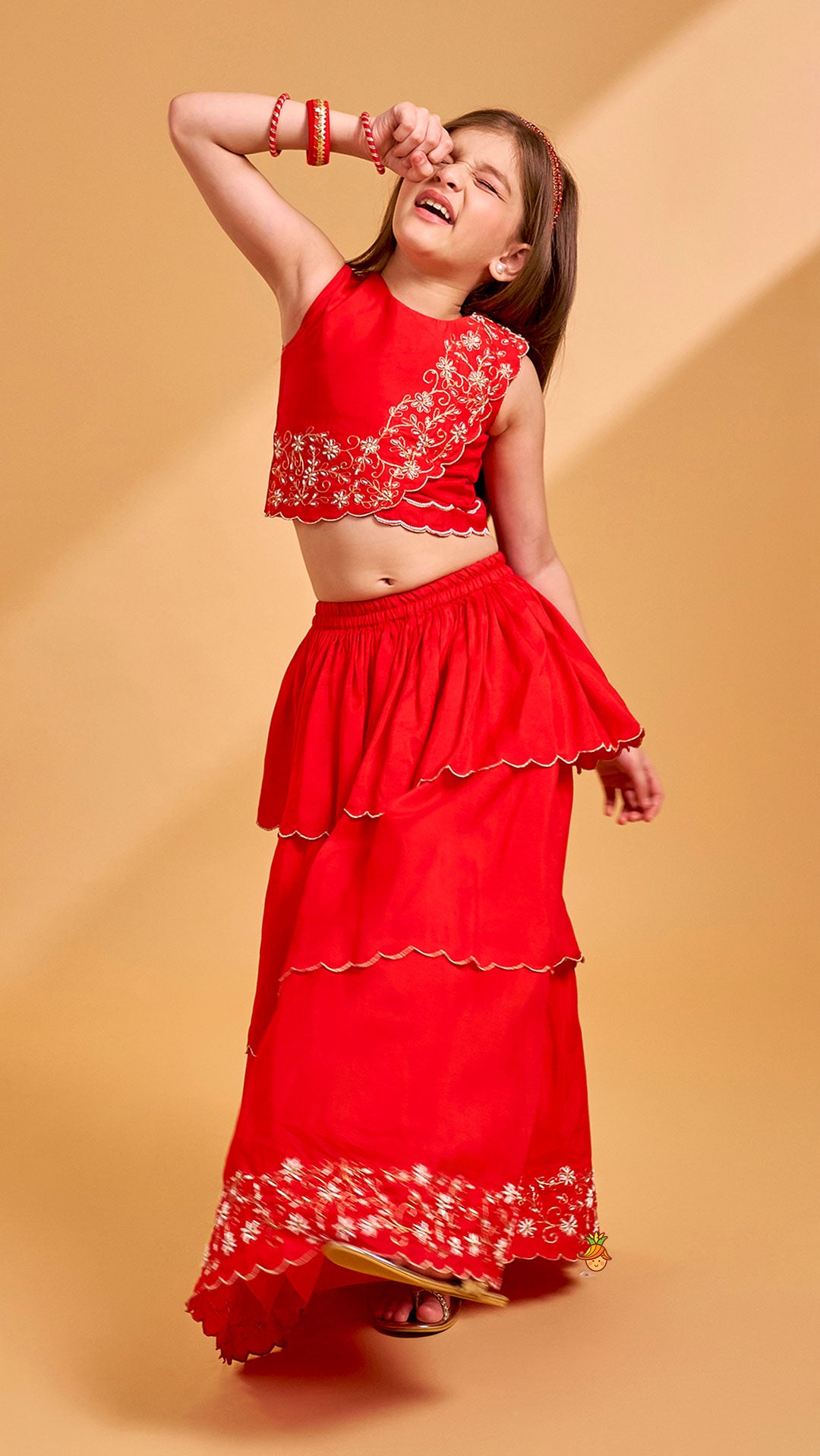 Pre Order: Overlap Style Crop Top and Layered Lehenga With Matching Dupatta