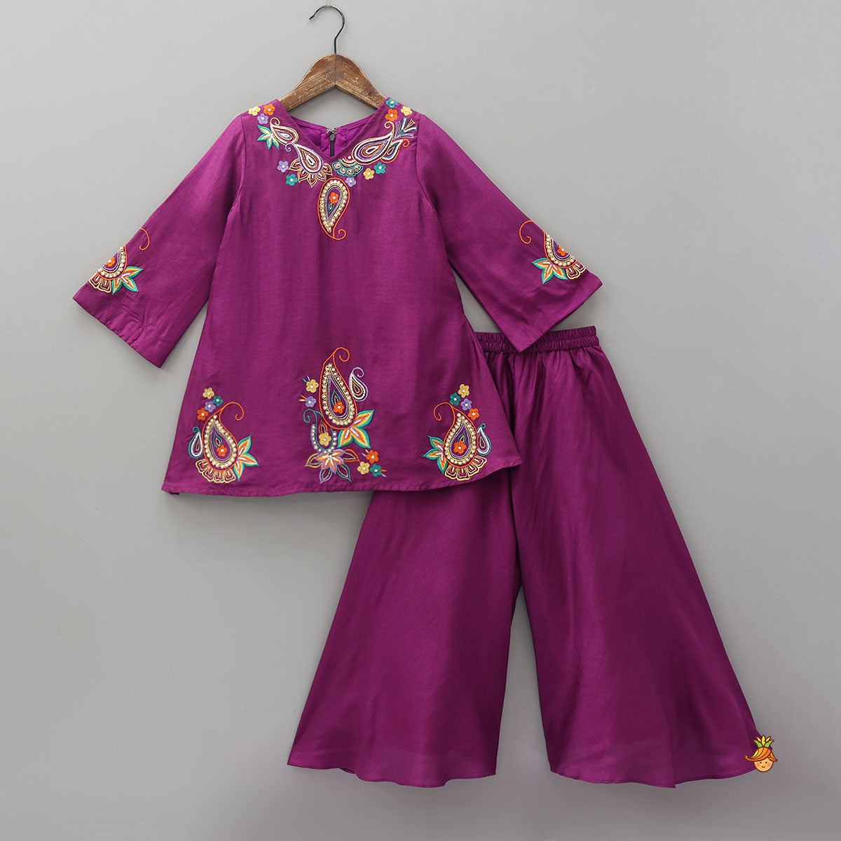 Pre Order: Paisley Embroidered Kurti With Palazzo And Dupatta