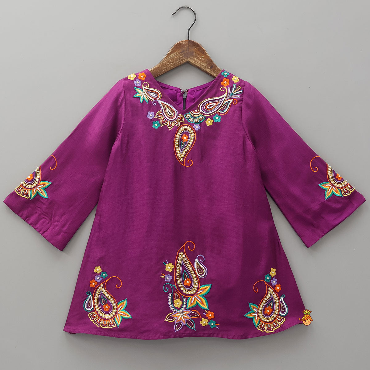 Pre Order: Paisley Embroidered Kurti With Palazzo And Dupatta
