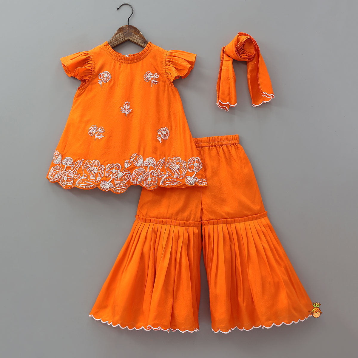 Pre Order: Floral Embroidered Kurti With Sharara And Dupatta