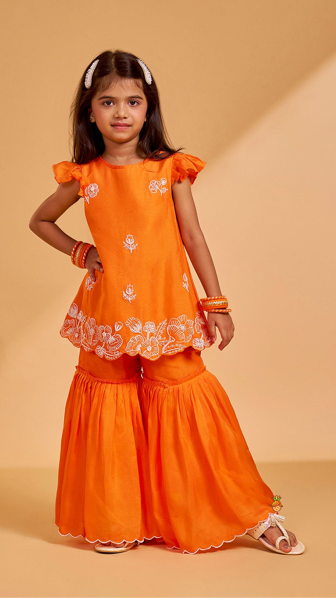 Pre Order: Floral Embroidered Kurti With Sharara And Dupatta