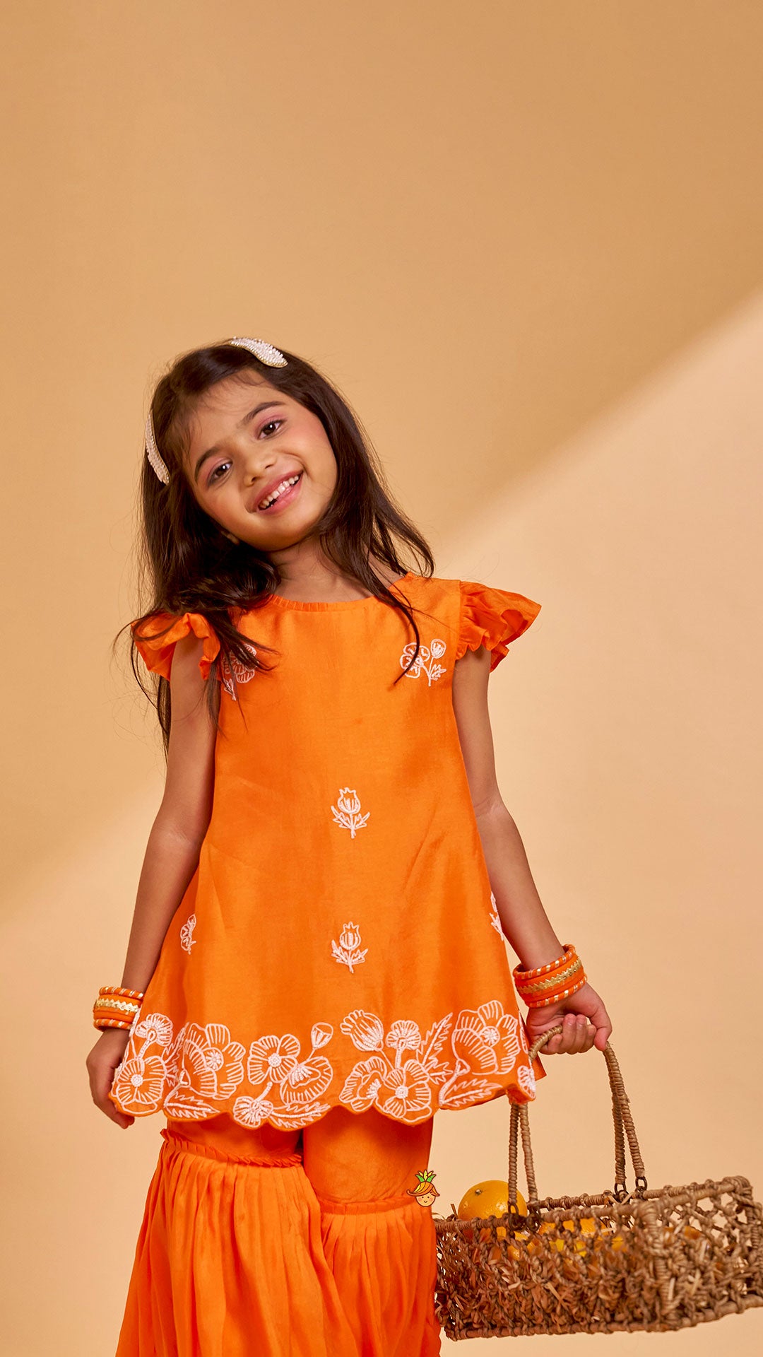 Pre Order: Floral Embroidered Kurti With Sharara And Dupatta