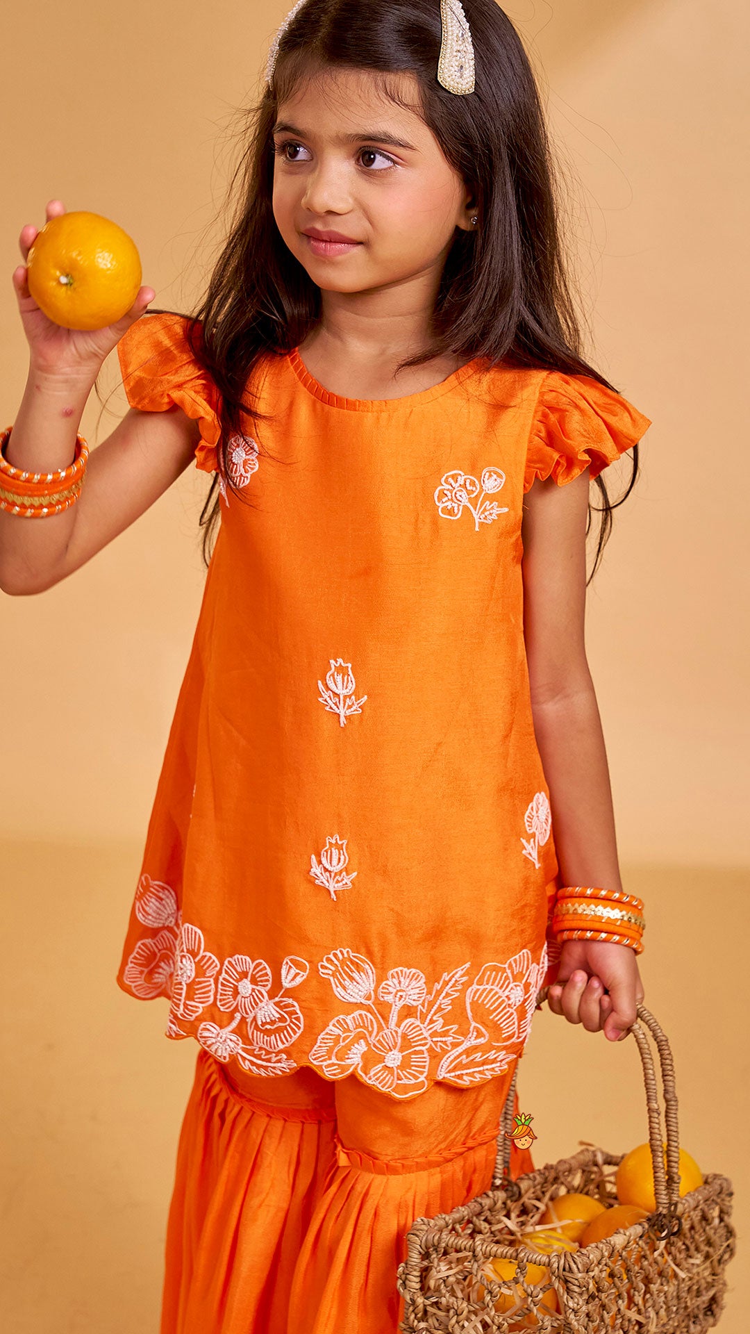 Pre Order: Floral Embroidered Kurti With Sharara And Dupatta