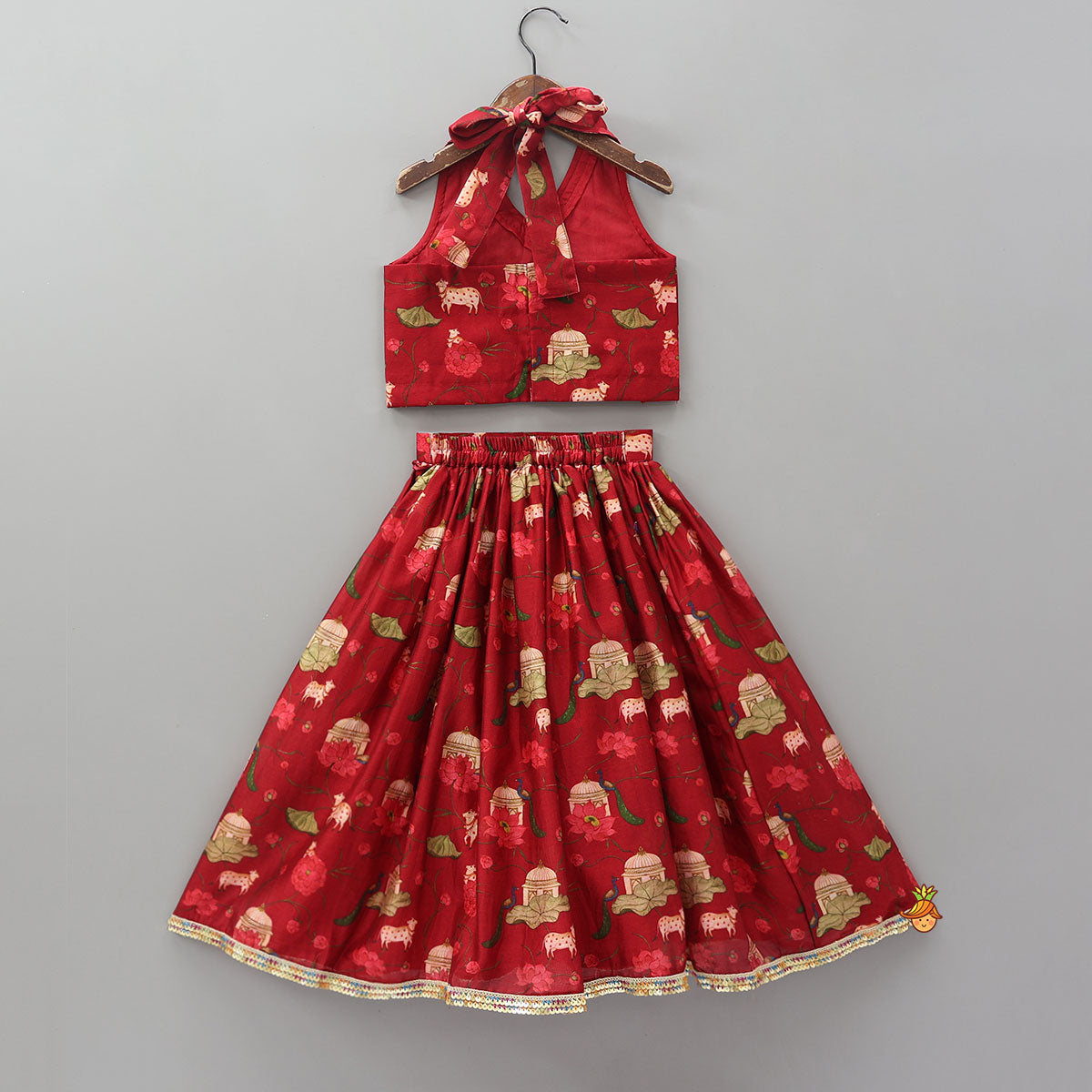 Pre Order: Ethnic Print Halter Neck Crop Top With Flared Lehenga