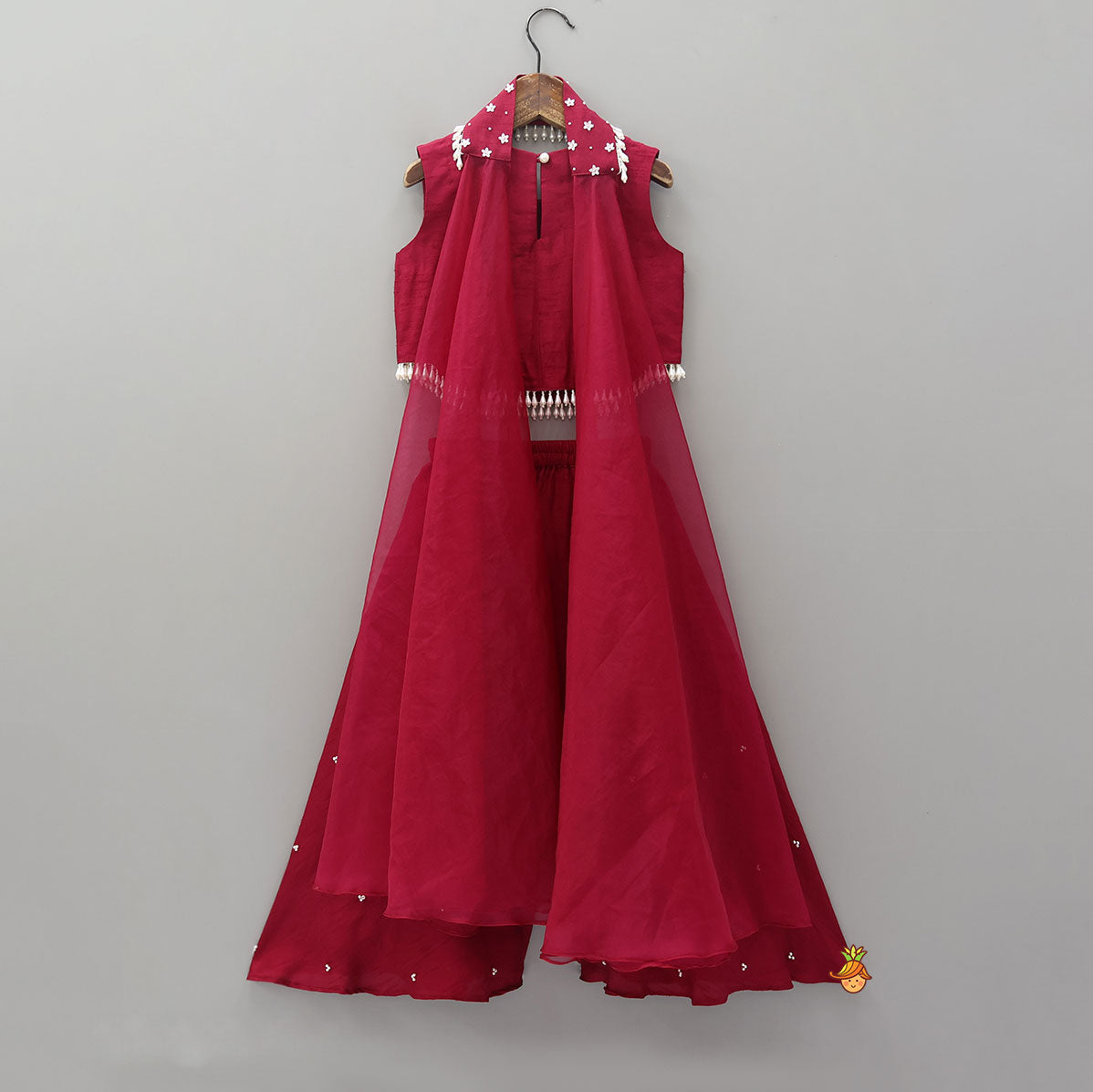 Pre Order: Mysore Silk Beaded Tassel Top And Palazzo Set With Organza Dupatta