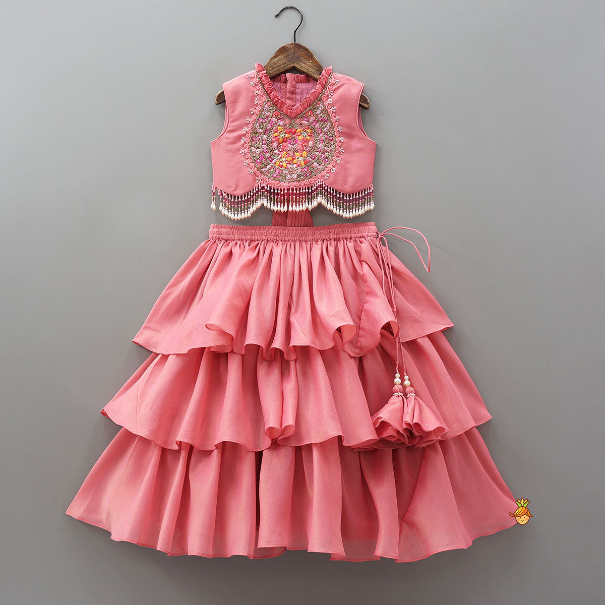 Tassel Detailed Shimmery Crop Top And Layered Lehenga