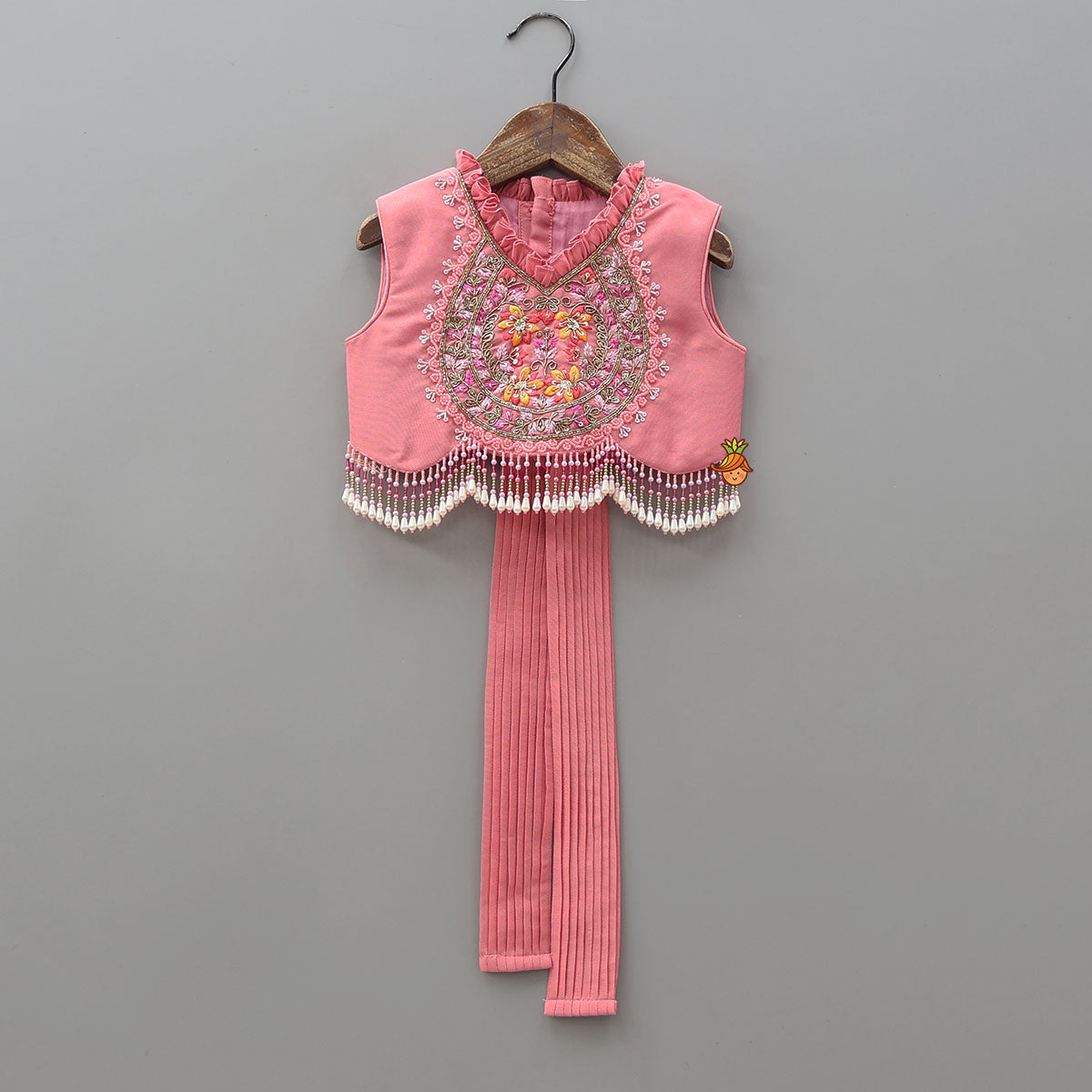 Tassel Detailed Shimmery Crop Top And Layered Lehenga