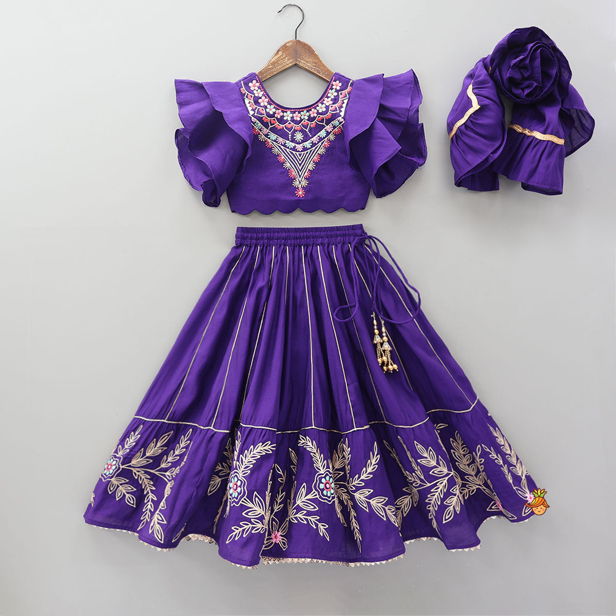 Pre Order: Ruffle Sleeves Top And Lace Work Lehenga With Matching Dupatta