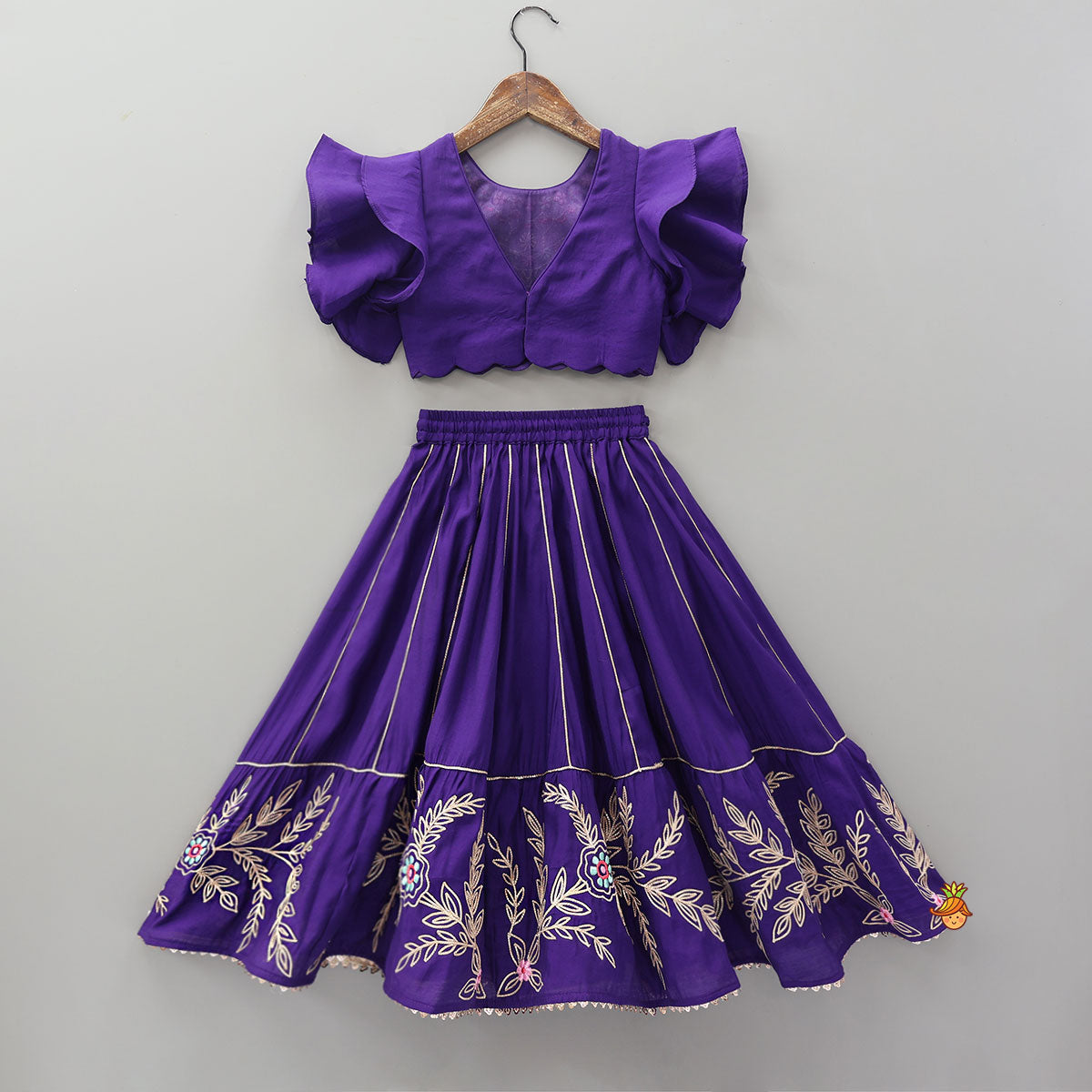 Pre Order: Ruffle Sleeves Top And Lace Work Lehenga With Matching Dupatta