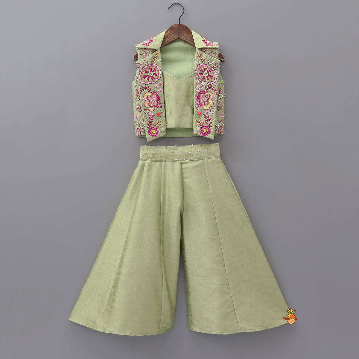 Pre Order: Strappy Crop Top With Intricate Embroidered Jacket And Palazzo