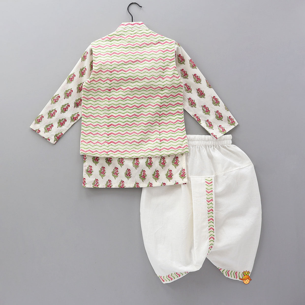 Pre Order: Floral Printed Kurta And Chevron Printed Jacket With Matching Dhoti