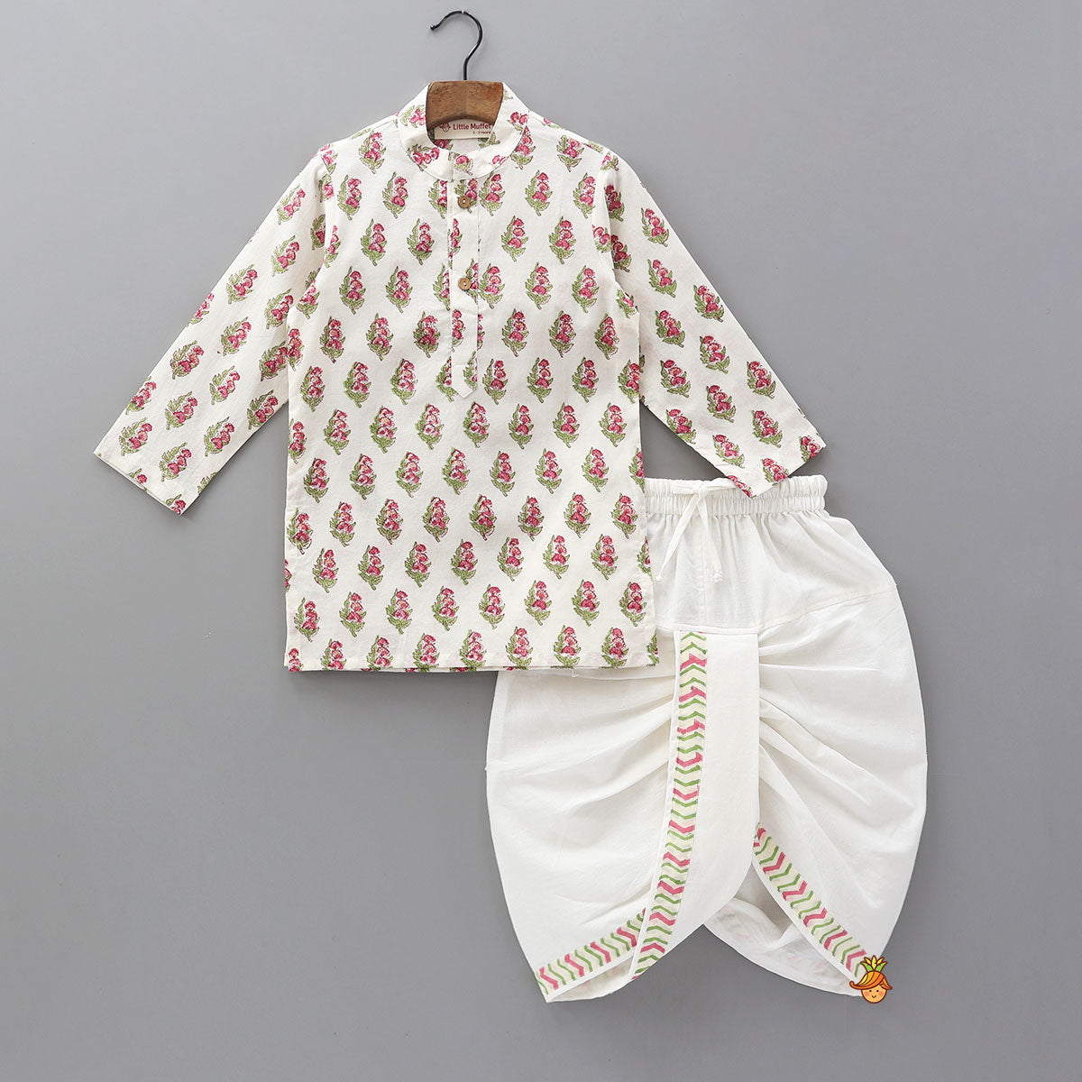 Pre Order: Floral Printed Kurta And Chevron Printed Jacket With Matching Dhoti