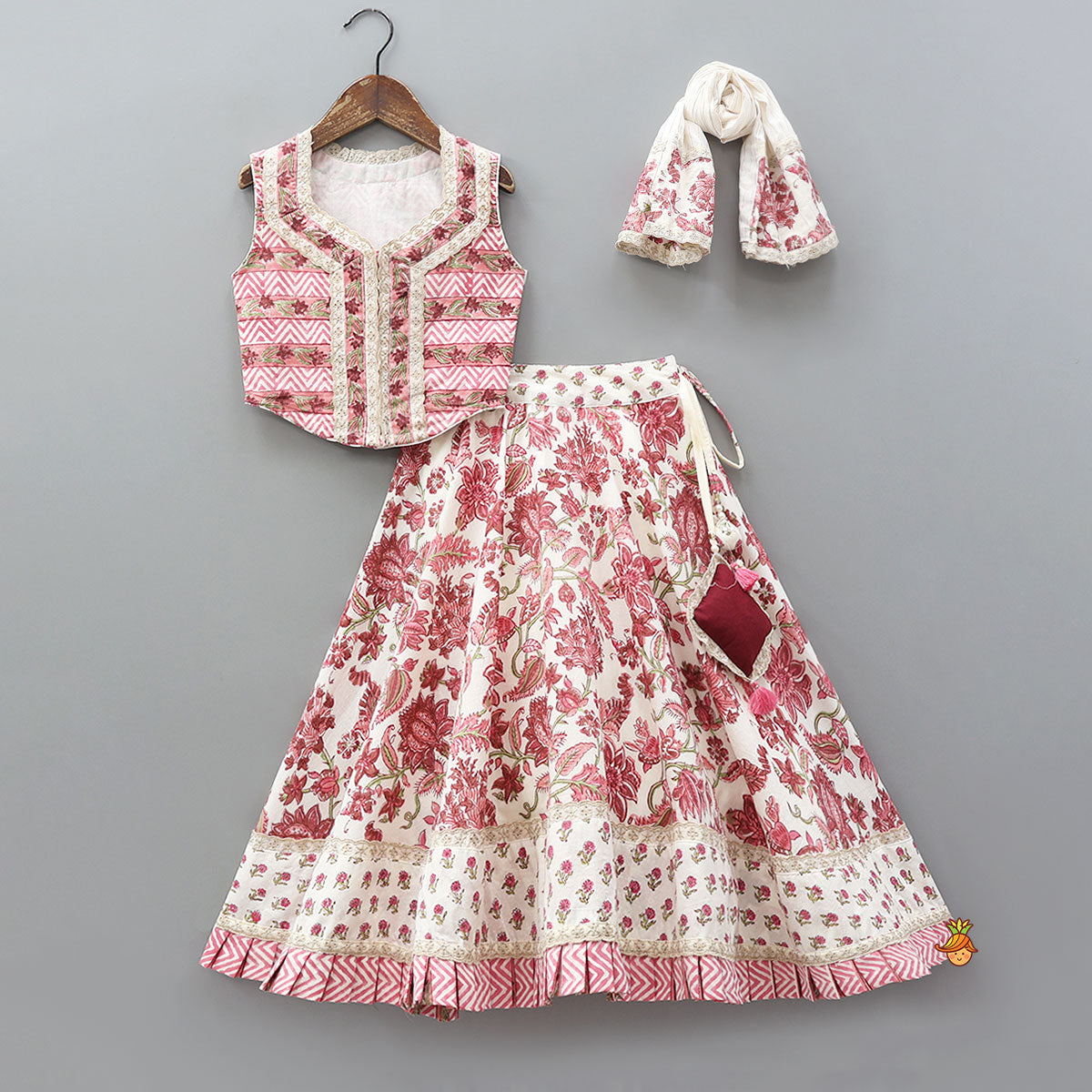 Pre Order: Hand Block Printed Crop Top And Pleated Hem Lehenga With Matching Dupatta