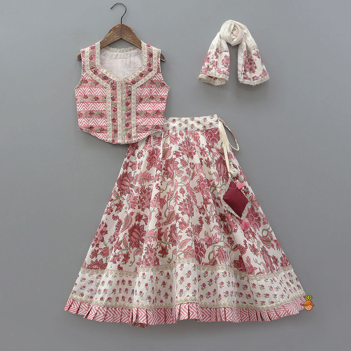 Pre Order: Hand Block Printed Crop Top And Pleated Hem Lehenga With Matching Dupatta