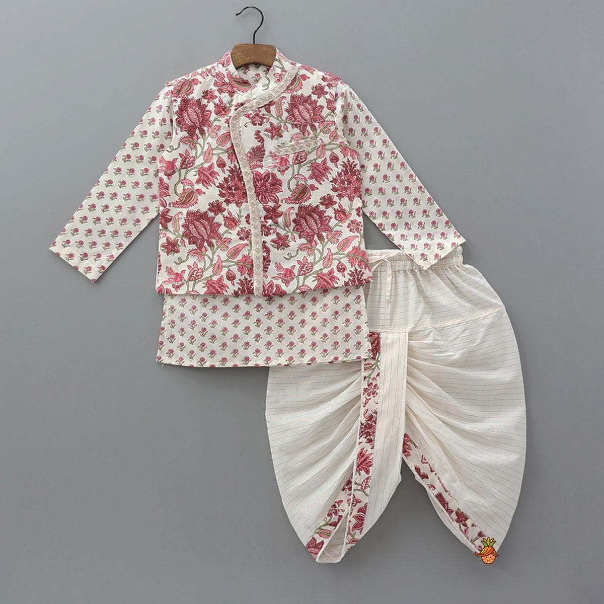 Pre Order: Floral Printed Kurta And Matching Jacket With Lurex Striped Dhoti