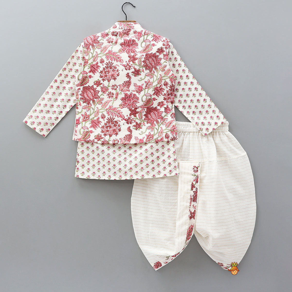 Pre Order: Floral Printed Kurta And Matching Jacket With Lurex Striped Dhoti