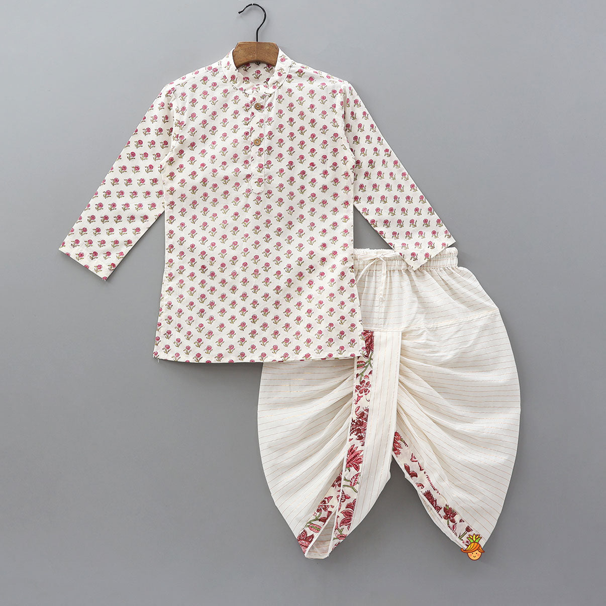 Pre Order: Floral Printed Kurta And Matching Jacket With Lurex Striped Dhoti