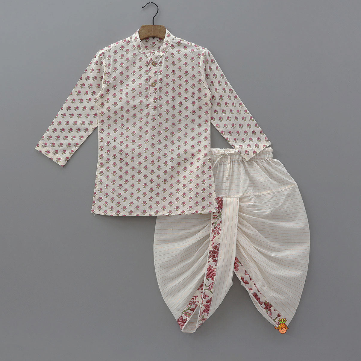 Pre Order: Floral Printed Kurta And Matching Jacket With Lurex Striped Dhoti