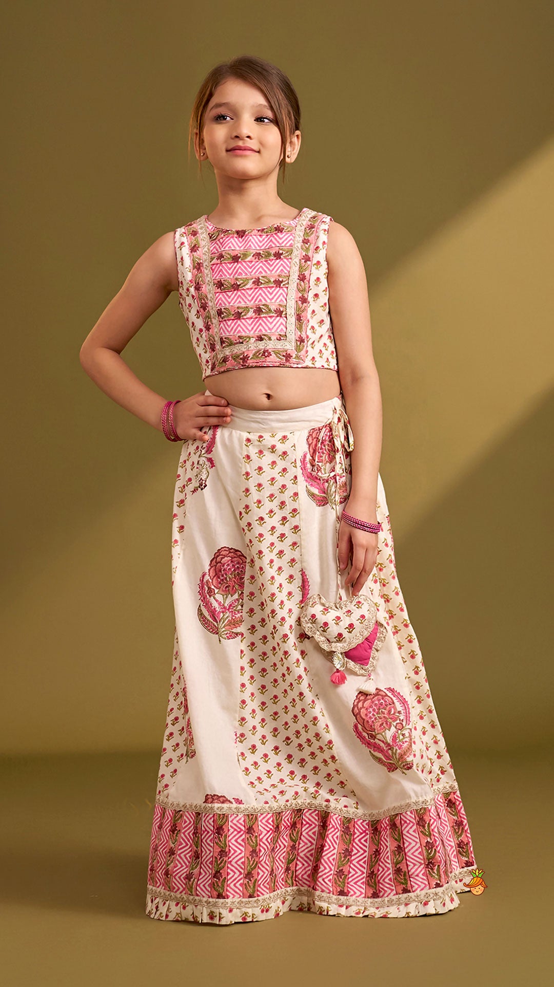 Pre Order: Hand Block Floral Printed Top And Pleated Hem Lehenga With Matching Dupatta